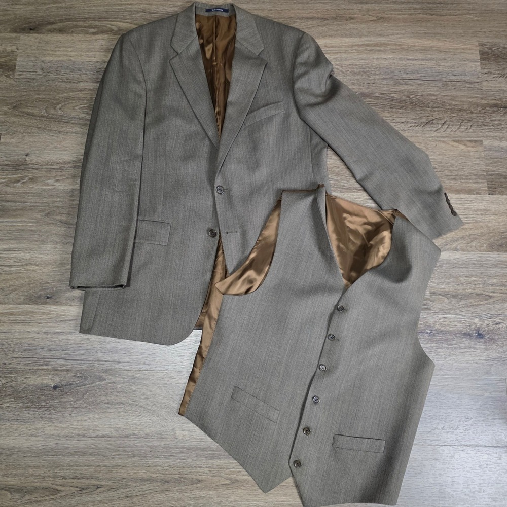 Chaps Ralph Lauren Mens 42T Blazer Vest Set Gray 100% Wool Herringbone L005162A‎